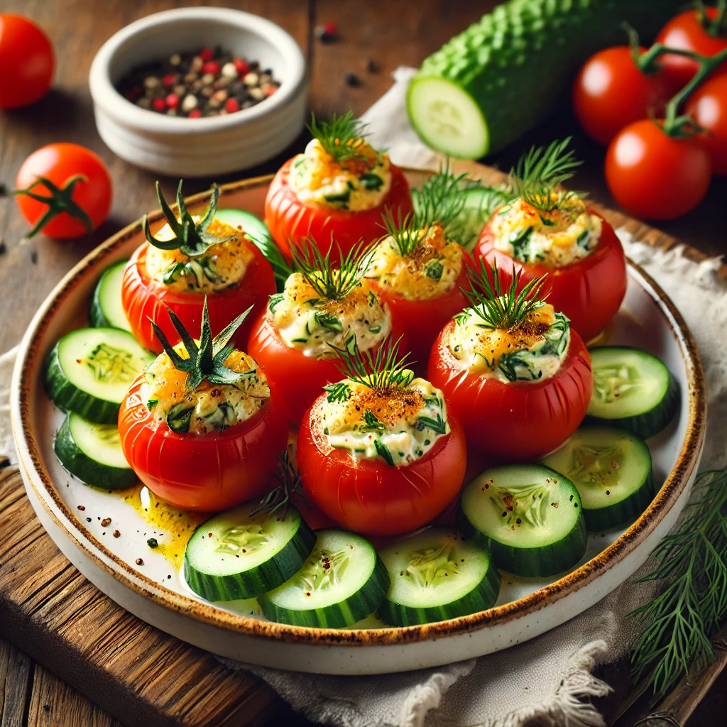 A beautifully plated serving of Cucumber-Dill Stuffed Cherry Tomatoes served on a rustic wooden table. The dish features vibrant cherry tomatoes hollowed out and filled with a creamy cucumber and dill mixture. Garnished with fresh dill sprigs and a sprinkle of cracked black pepper. Arranged on a white ceramic plate with a side of cucumber slices. The warm wooden table is more visible, providing a cozy and inviting setting.