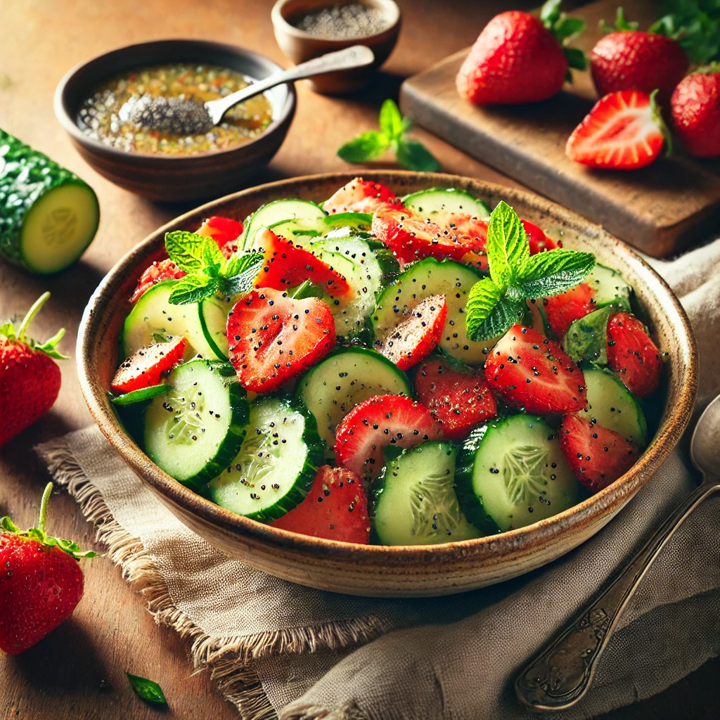 Thinly sliced cucumbers and juicy strawberries tossed in a light, tangy poppyseed dressing, garnished with fresh mint leaves and a sprinkle of poppy seeds.