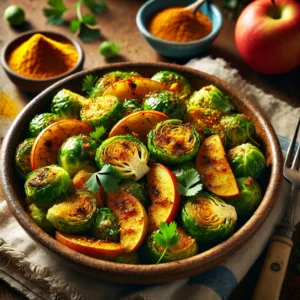 A ceramic bowl with roasted Brussels sprouts and apple slices coated in curry glaze, garnished with cilantro and curry powder, set on a wooden table with a sliced apple and curry powder in the background.