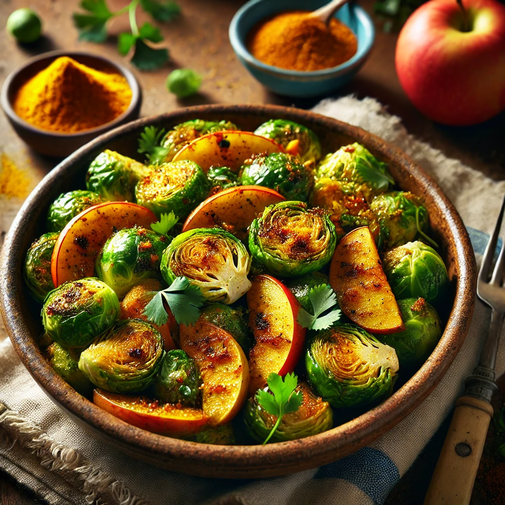 A ceramic bowl with roasted Brussels sprouts and apple slices coated in curry glaze, garnished with cilantro and curry powder, set on a wooden table with a sliced apple and curry powder in the background.
