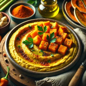 Curried butternut squash hummus in een rustieke kom, gegarneerd met een drizzel olijfolie, gerookte paprika, geroosterde butternutblokjes, verse peterselie en sesamzaadjes, geserveerd met warme pita en groentensticks in een gezellige setting.