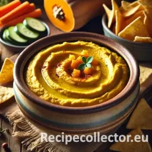 A rustic ceramic bowl filled with golden-yellow curried butternut squash hummus, garnished with olive oil, paprika, and sesame seeds. Surrounded by pita chips and vegetable sticks on a wooden table.
