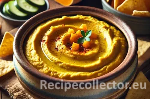 A rustic ceramic bowl filled with golden-yellow curried butternut squash hummus, garnished with olive oil, paprika, and sesame seeds. Surrounded by pita chips and vegetable sticks on a wooden table.