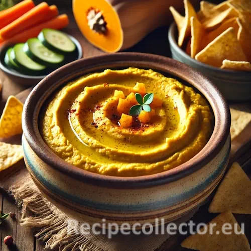 A rustic ceramic bowl filled with golden-yellow curried butternut squash hummus, garnished with olive oil, paprika, and sesame seeds. Surrounded by pita chips and vegetable sticks on a wooden table.