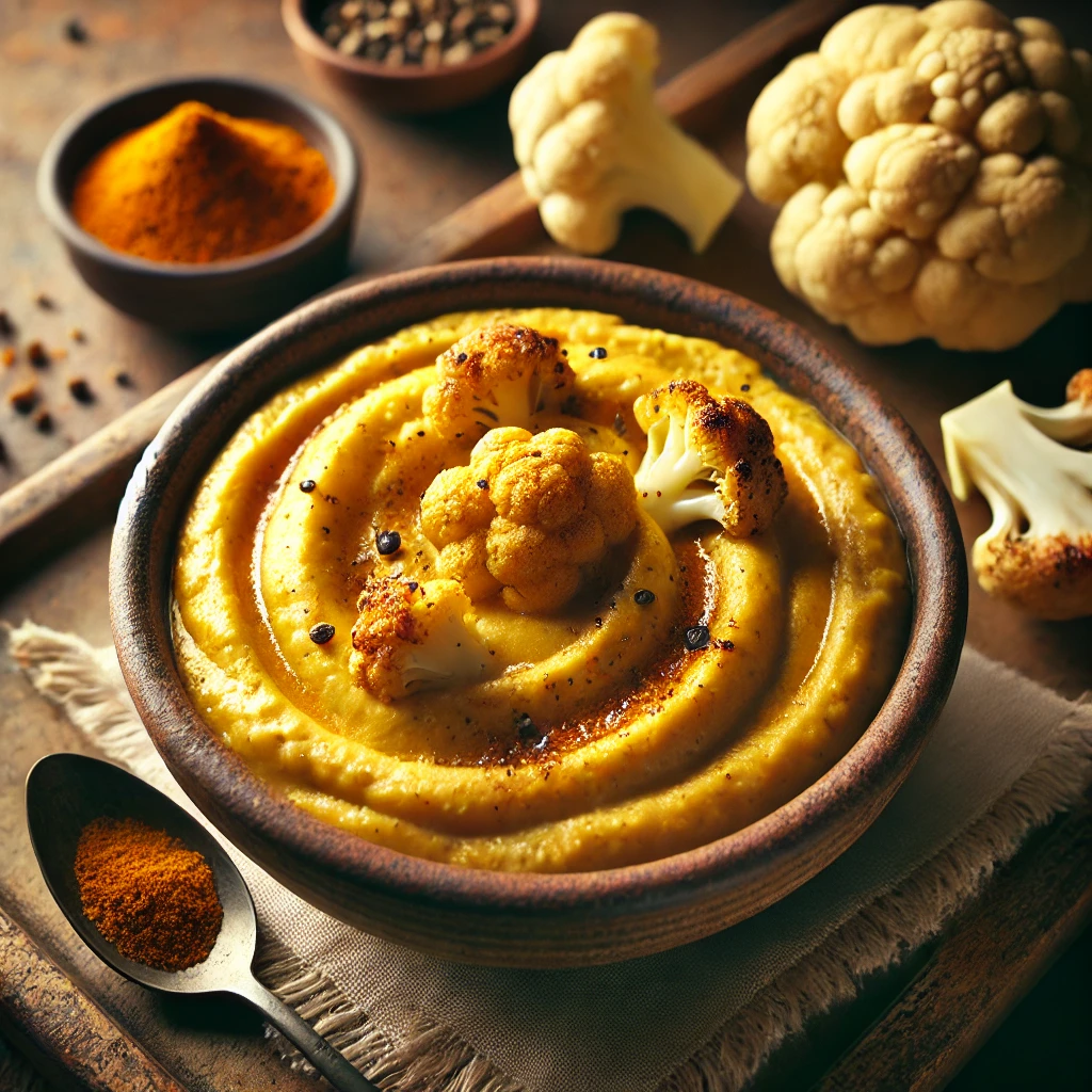 A rich and creamy Curried Cauliflower Purée served in a rustic ceramic bowl. The purée has a smooth, velvety texture with a warm golden-yellow hue, garnished with a drizzle of coconut milk and a sprinkle of toasted cumin seeds. The bowl sits on a rustic wooden table, accompanied by roasted cauliflower florets, a small dish of curry powder, and a wooden spoon. Warm, natural lighting enhances the inviting, homemade feel.