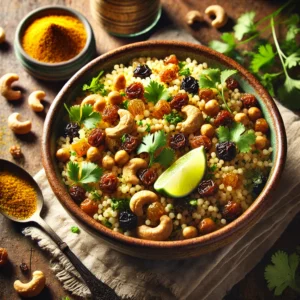 A rustic ceramic bowl of Curried Israeli Couscous with cashews, currants, and golden raisins, garnished with fresh cilantro and a lime wedge, set on a wooden table with a jar of curry powder and a spoon nearby.