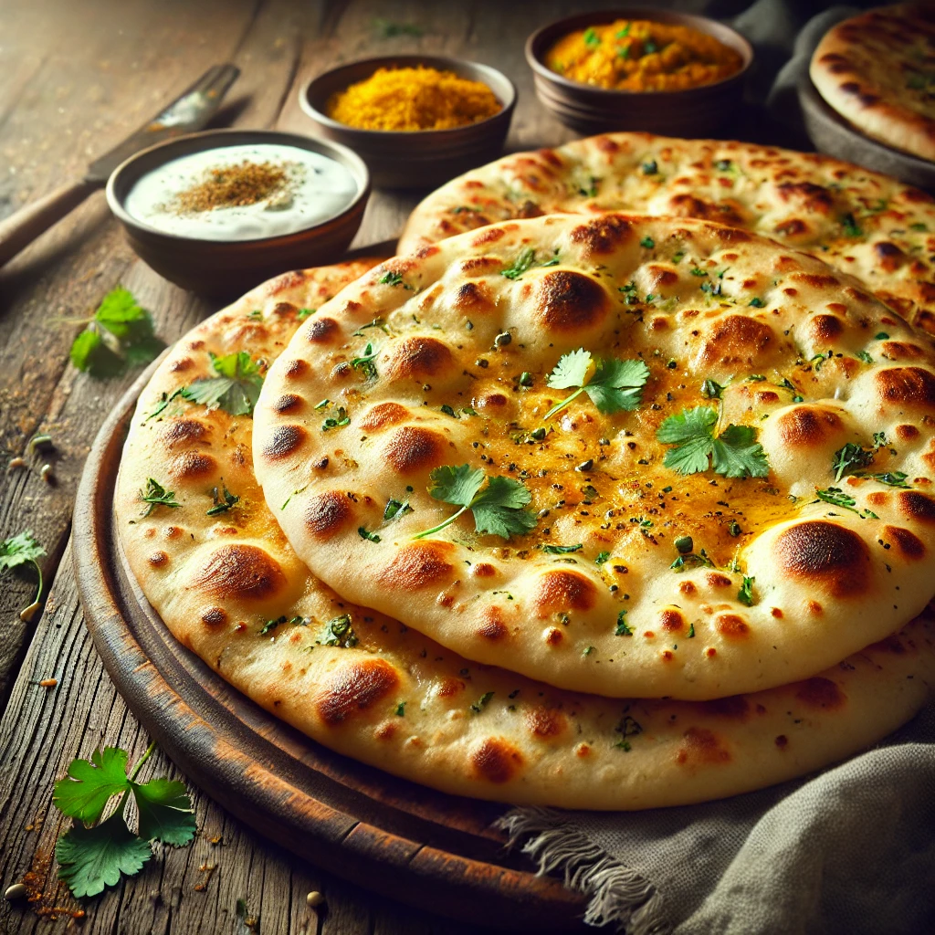 A freshly baked curried naan bread on a rustic wooden table, featuring a golden, slightly charred surface infused with aromatic curry spices. Some pieces are brushed with butter and sprinkled with fresh cilantro. A few naans are stacked, while one is torn open to reveal the soft, fluffy interior. The bread rests on a wooden platter, accompanied by a small dish of yogurt sauce, a bowl of curry, and scattered fresh herbs. Soft natural lighting enhances the warm, inviting tones.