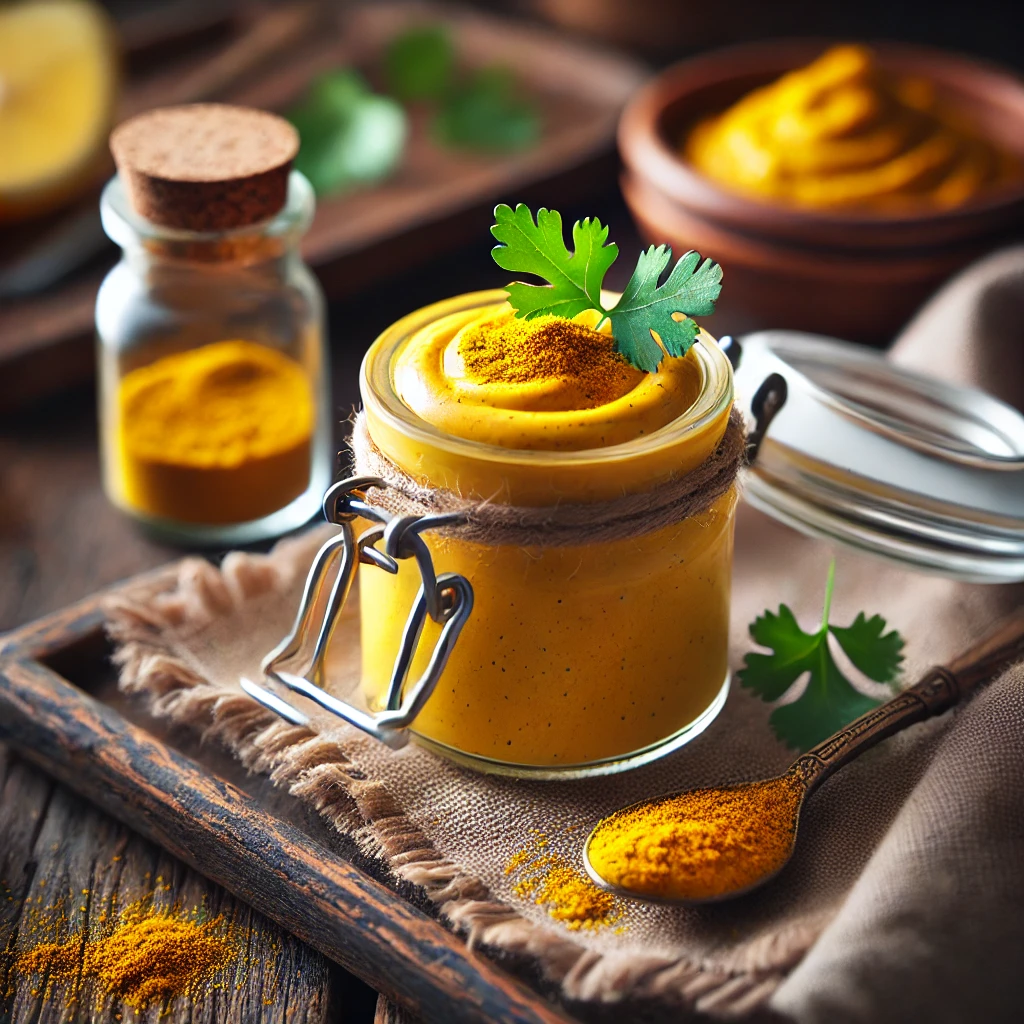 Curry Aioli served in a small glass jar with a cork lid, creamy and golden yellow, garnished with a sprinkle of ground turmeric and a sprig of fresh cilantro. The jar is styled on a rustic wooden table with a small bowl of ground spices, a wedge of lemon, a spoon, and a linen napkin, illuminated by soft natural lighting for a warm and flavorful presentation.