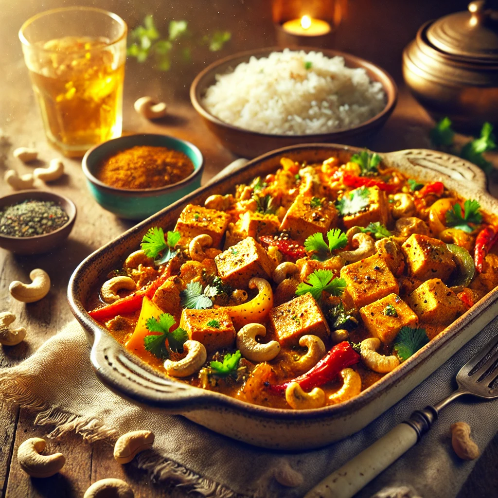 Curry Cashew Tofu Bake in a rustic ceramic dish, featuring golden-baked tofu cubes in a rich curry sauce with roasted cashews, bell peppers, and onions. Garnished with cilantro and sesame seeds, set on a wooden table with basmati rice and a glass of iced herbal tea in the softly blurred background.