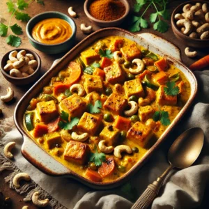 A rustic ceramic baking dish filled with Curry Cashew Tofu Comfort Bake, featuring golden tofu cubes, roasted cashews, and vegetables in a creamy curry sauce, garnished with cilantro and cashew pieces, set on a wooden table with a serving spoon and curry sauce nearby.