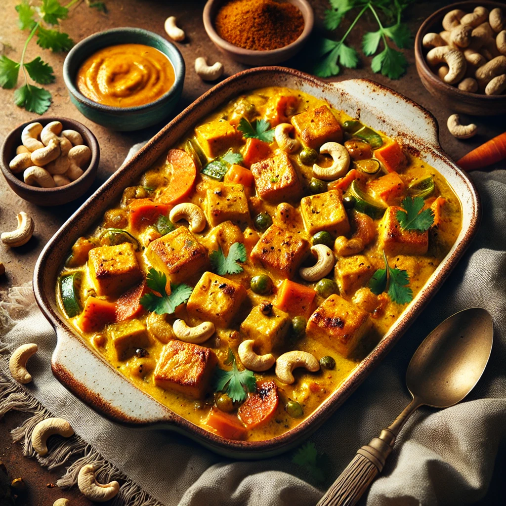 A rustic ceramic baking dish filled with Curry Cashew Tofu Comfort Bake, featuring golden tofu cubes, roasted cashews, and vegetables in a creamy curry sauce, garnished with cilantro and cashew pieces, set on a wooden table with a serving spoon and curry sauce nearby.