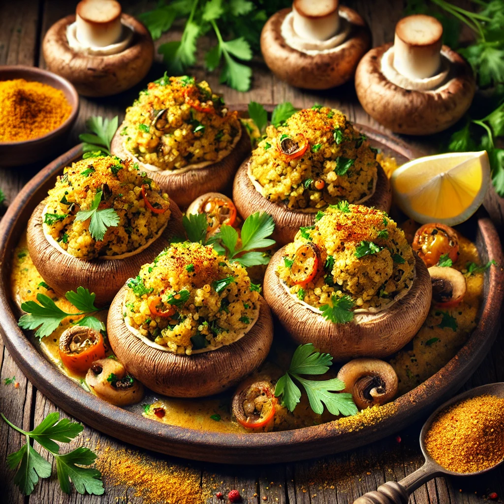 Curry couscous-stuffed mushrooms garnished with tahini sauce, parsley, and smoked paprika, served on a rustic platter with lemon wedges and fresh herbs on a wooden table.