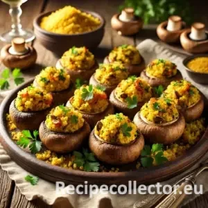 Golden couscous-filled roasted mushrooms garnished with herbs, served on a wooden table with natural light and festive touches.