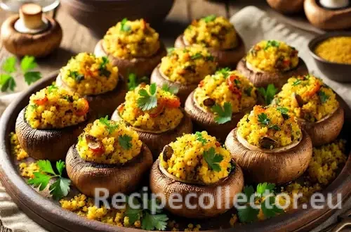 Golden couscous-filled roasted mushrooms garnished with herbs, served on a wooden table with natural light and festive touches.