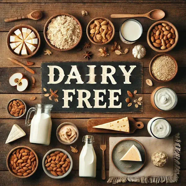 A rustic flat lay representing dairy free foods on a medium-dark wooden table with horizontal planks. The scene includes almond milk, oat milk, soy yogurt, coconut cream, and vegan cheese arranged in bowls, glasses, and plates. At the top, the words 'DAIRY FREE' are written in large cream-colored serif letters, centered and clearly visible.