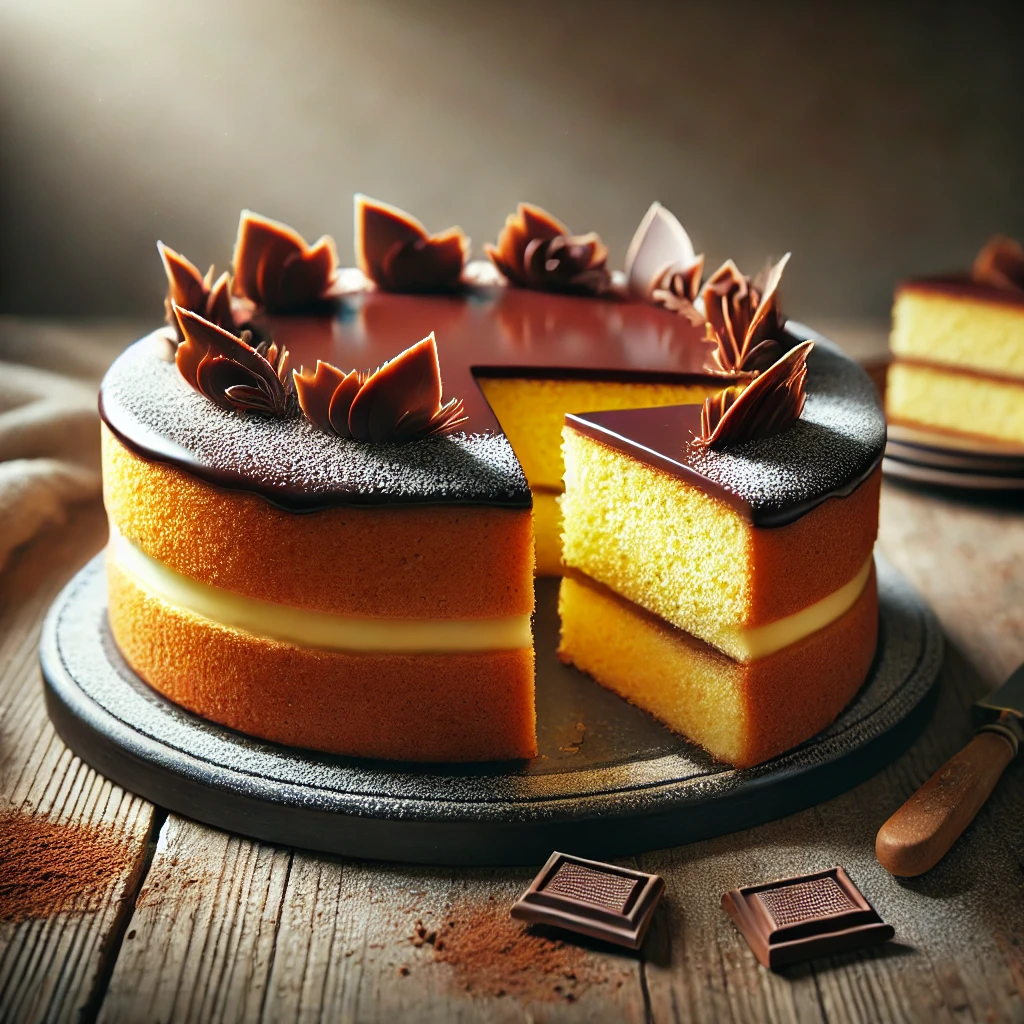A classic dandy cake on a rustic wooden table, featuring a golden, fluffy sponge base topped with a smooth, glossy chocolate layer. A slice is cut to reveal the soft, airy interior. The surface is decorated with a light dusting of powdered sugar and chocolate curls, with scattered cocoa powder and crumbs adding to the homemade charm. Soft natural lighting enhances the warm, inviting tones.