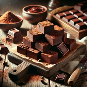 A rustic presentation of chocolate fudge, elegantly arranged on a wooden table. The fudge is cut into smooth, rich squares of dark chocolate, stacked neatly on a wooden cutting board. A light dusting of cocoa powder and a drizzle of melted chocolate add extra indulgence. Some pieces are placed individually to showcase their velvety texture. Scattered around are chocolate chunks, cocoa beans, and a small dish of extra melted chocolate. Soft natural lighting enhances the warm and inviting feel, with gentle shadows and a hint of rustic charm in the background.