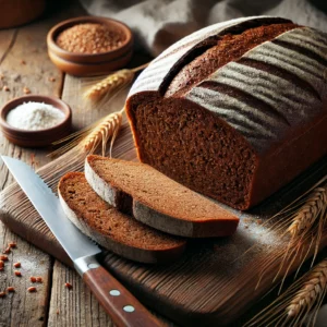 A freshly baked loaf of dark rye bread on a rustic wooden table, featuring a deep, rich brown crust with a slightly crisp texture and a dusting of flour on top. A few slices are cut to reveal the dense yet soft interior, speckled with rye grains. The loaf rests on a wooden cutting board, with a serrated bread knife, scattered rye grains, and a small dish of butter nearby. Soft natural lighting enhances the warm, earthy tones.