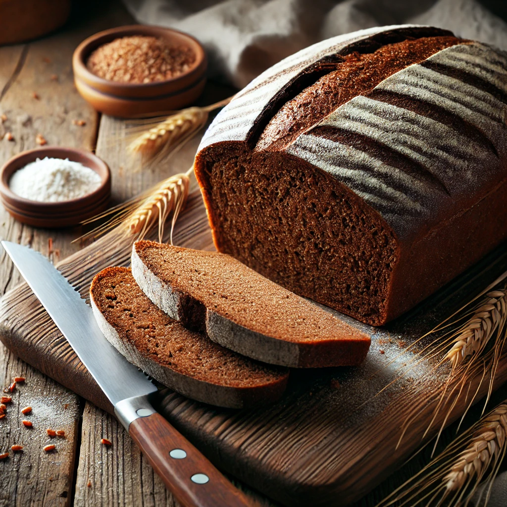 A freshly baked loaf of dark rye bread on a rustic wooden table, featuring a deep, rich brown crust with a slightly crisp texture and a dusting of flour on top. A few slices are cut to reveal the dense yet soft interior, speckled with rye grains. The loaf rests on a wooden cutting board, with a serrated bread knife, scattered rye grains, and a small dish of butter nearby. Soft natural lighting enhances the warm, earthy tones.