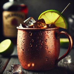 A Dark and Stormy cocktail in a classic copper mug, filled with ice and garnished with a fresh lime wedge. The deep amber hue of the rum contrasts with the fizzy ginger beer. The mug sits on a dark wooden bar counter with scattered lime slices and a rum bottle in the background, creating a moody and inviting atmosphere.