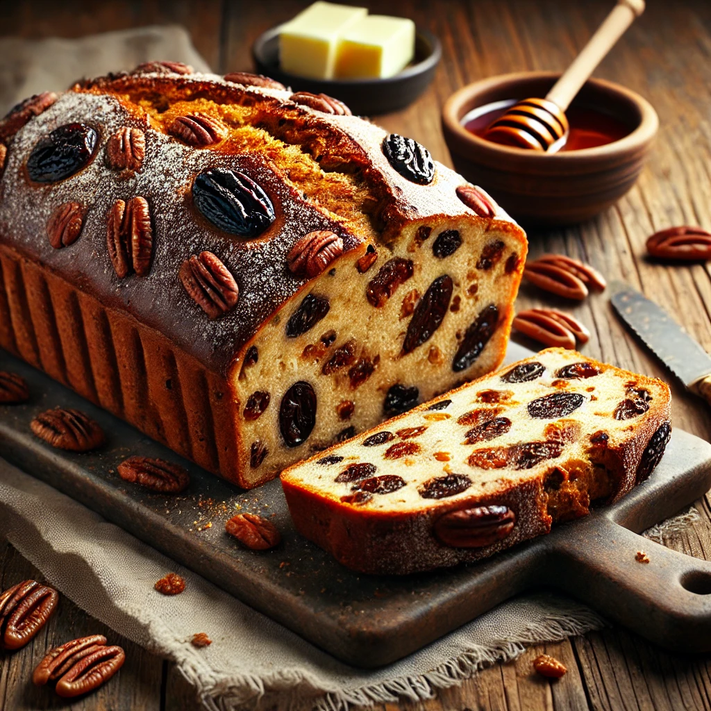 A beautifully plated loaf of Date, Prune, and Pecan Bread served on a rustic wooden table. The bread has a deep golden-brown crust with a soft, slightly dense interior filled with sweet dates, rich prunes, and crunchy pecans. Topped with a light dusting of flour and sliced to reveal the rich texture inside. Arranged on a wooden cutting board, served with a side of butter and honey. The warm wooden table is more visible, providing a cozy and inviting setting.