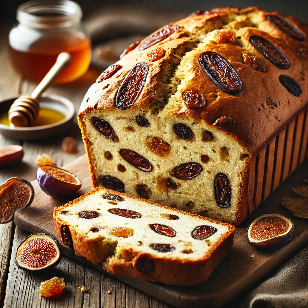 A freshly baked date and fig bread on a rustic wooden table, featuring a golden-brown, crusty exterior with pieces of chopped dates and figs visible on the surface. A few slices are cut to reveal the soft, dense interior, generously filled with sweet dried figs and dates. The loaf rests on a wooden cutting board, with scattered dried fig slices, date pieces, and a small dish of honey nearby. Soft natural lighting enhances the warm, rustic tones.