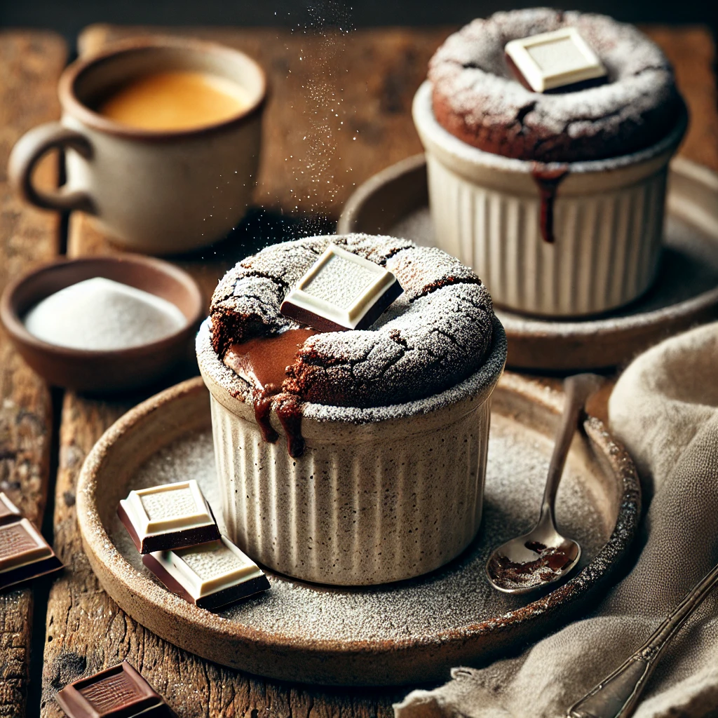 Chocolate Soufflé served in small artisan ANTA mugs, perfectly risen with a slightly cracked top and dusted with icing sugar. White chocolate squares melt inside, creating a rich contrast. The setup includes a small bowl of caster sugar, a linen napkin, and a cup of espresso on a rustic wooden table, illuminated by soft natural lighting for an indulgent dessert presentation.