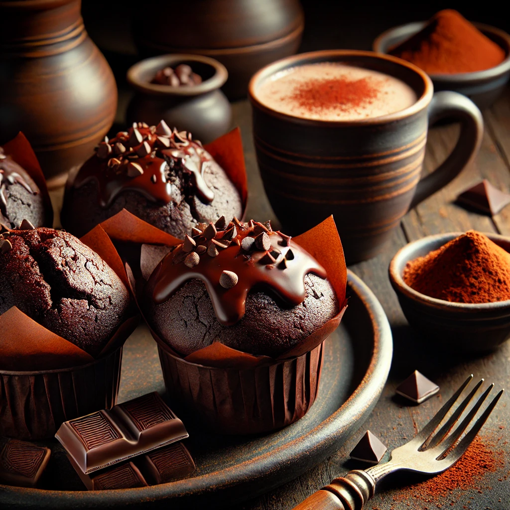 An indulgent and rich presentation of Decadent Double Chocolate Muffins served on a rustic dark ceramic plate. The muffins are deep chocolate brown, topped with melted chocolate drizzle and chocolate chips. The setup includes a bowl of cocoa powder, a mug of hot chocolate, and a dessert fork on a wooden table, illuminated by dimmed warm lighting to emphasize their luxurious and comforting appeal, perfect for a chocolate lover's treat.