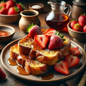 French toast made with thick slices of challah bread, golden brown and topped with fresh strawberries, a drizzle of maple syrup, and a light dusting of confectioners' sugar. The dish is presented on a rustic ceramic plate, placed on a cozy wooden table with a small bowl of strawberries and a carafe of maple syrup nearby, all enhanced by warm, inviting lighting.