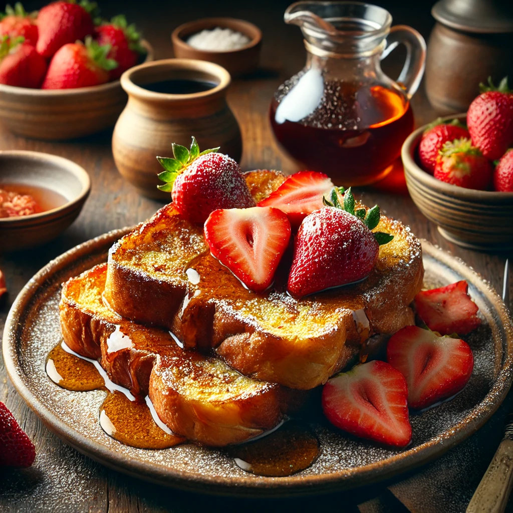 French toast made with thick slices of challah bread, golden brown and topped with fresh strawberries, a drizzle of maple syrup, and a light dusting of confectioners' sugar. The dish is presented on a rustic ceramic plate, placed on a cozy wooden table with a small bowl of strawberries and a carafe of maple syrup nearby, all enhanced by warm, inviting lighting.