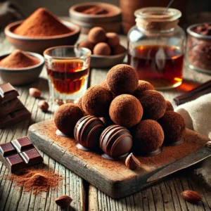 A rustic presentation of rum truffles, elegantly arranged on a wooden table. The truffles are rich, dark chocolate spheres infused with smooth, aged rum, coated in cocoa powder and drizzled with melted chocolate. Some truffles are stacked on a wooden cutting board, while others are scattered to showcase their smooth, decadent texture. A small glass of dark rum and a dusting of powdered sugar add extra indulgence. Scattered around are cocoa beans, chocolate shavings, and a small dish of extra cocoa powder. Soft natural lighting enhances the warm and inviting feel, with gentle shadows and a hint of rustic charm in the background.