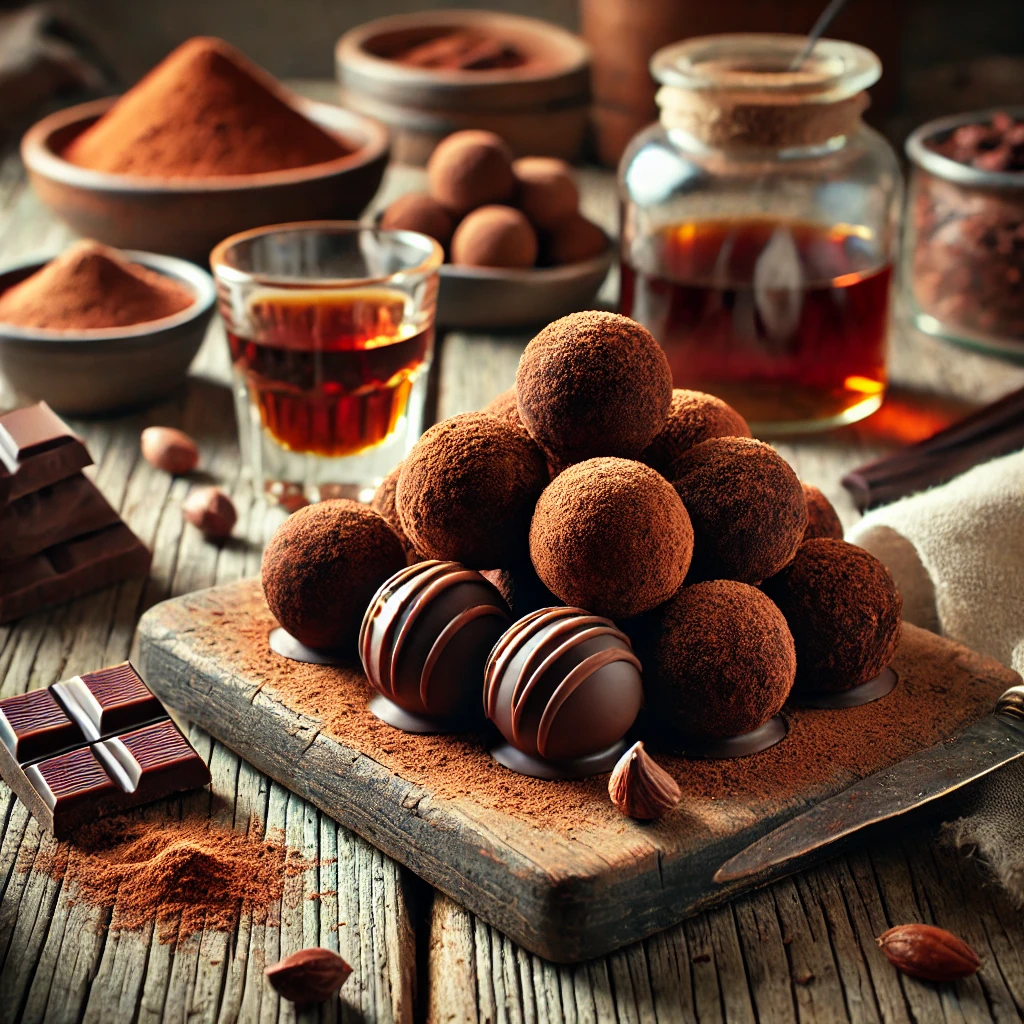 A rustic presentation of rum truffles, elegantly arranged on a wooden table. The truffles are rich, dark chocolate spheres infused with smooth, aged rum, coated in cocoa powder and drizzled with melted chocolate. Some truffles are stacked on a wooden cutting board, while others are scattered to showcase their smooth, decadent texture. A small glass of dark rum and a dusting of powdered sugar add extra indulgence. Scattered around are cocoa beans, chocolate shavings, and a small dish of extra cocoa powder. Soft natural lighting enhances the warm and inviting feel, with gentle shadows and a hint of rustic charm in the background.