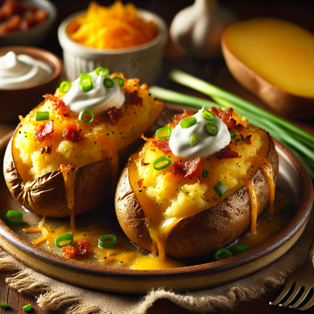 Crispy potato skins filled with creamy mashed potatoes, cheddar cheese, bacon, and green onions, garnished with sour cream and chives, served on a rustic plate with cheddar and sour cream in the background.
