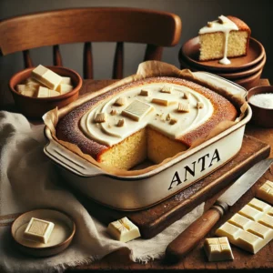 White Chocolate Cake served in an artisan ANTA baking dish, golden and moist, topped with smooth white chocolate frosting and decorated with small sweets and a light dusting of icing sugar. The dish is styled on a rustic wooden table with a linen napkin, a small bowl of extra white chocolate pieces, and a wooden cake knife.