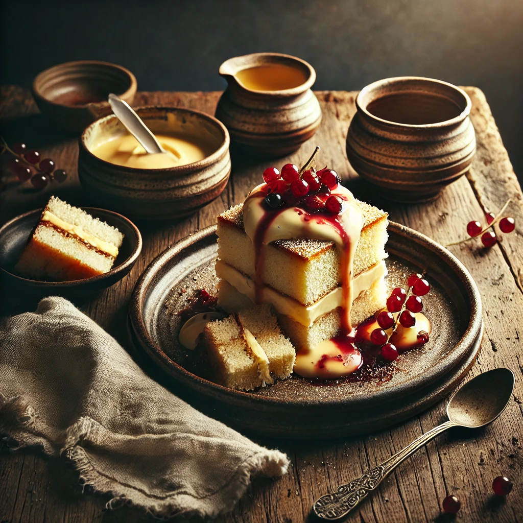 Deconstructed Trifle served on an artisan ceramic plate, featuring slices of soft sponge cake with a dollop of homemade custard and a drizzle of red currant coulis. The dish is styled on a rustic wooden table with a linen napkin, a small bowl of extra custard, and a spoon.