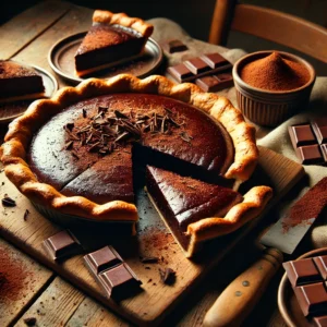 A rustic presentation of deep chocolate pie, elegantly arranged on a wooden table. The pie has a rich, glossy dark chocolate filling with a perfectly baked crust, slightly cracked to reveal its velvety texture. A few slices are cut and placed on small plates, with chocolate shavings and cocoa powder dusted over the top. A wooden cutting board holds the remaining pie, with scattered chocolate chunks and cocoa beans around. Warm, natural lighting enhances the rich, indulgent feel, with gentle shadows and a hint of greenery in the background.