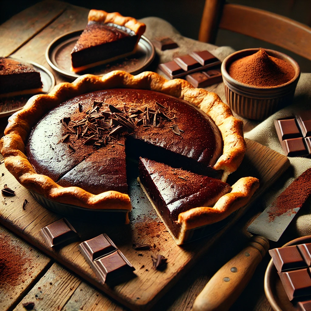 A rustic presentation of deep chocolate pie, elegantly arranged on a wooden table. The pie has a rich, glossy dark chocolate filling with a perfectly baked crust, slightly cracked to reveal its velvety texture. A few slices are cut and placed on small plates, with chocolate shavings and cocoa powder dusted over the top. A wooden cutting board holds the remaining pie, with scattered chocolate chunks and cocoa beans around. Warm, natural lighting enhances the rich, indulgent feel, with gentle shadows and a hint of greenery in the background.