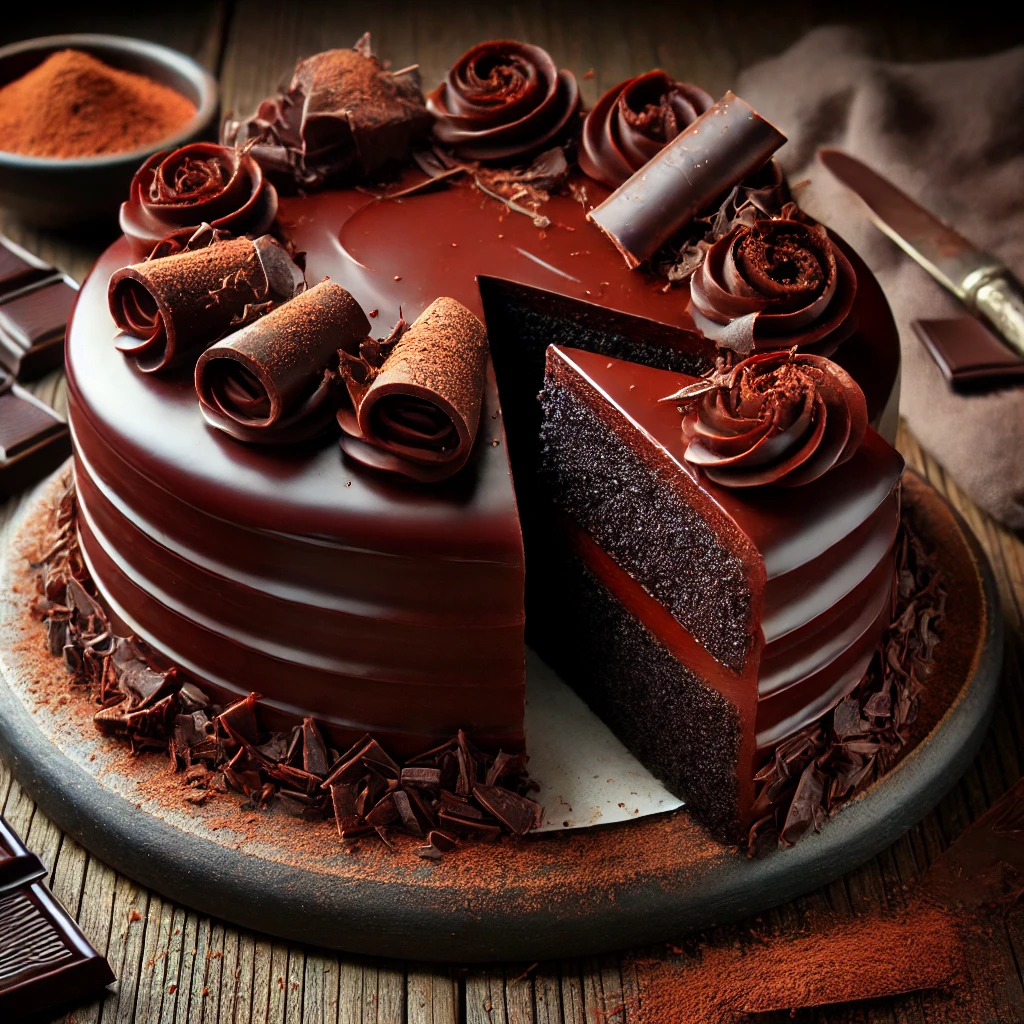 A deep dark chocolate cake on a rustic wooden table, featuring rich, moist chocolate layers coated in glossy dark chocolate ganache. A slice is cut to reveal the dense, fudgy interior. The top is decorated with chocolate curls and dusted with cocoa powder, with scattered chocolate chunks enhancing the indulgent presentation. Soft natural lighting highlights the deep, rich chocolate tones.
