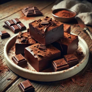 A plate of deep dark fudge on a rustic wooden table, featuring rich, intensely chocolatey fudge with a smooth, dense texture and deep, dark brown color. Some pieces are cut to reveal the creamy interior, with the top lightly dusted with cocoa powder and a few drizzled with melted chocolate. Scattered chocolate shavings and cocoa powder enhance the indulgent presentation. Soft natural lighting highlights the deep, luxurious chocolate tones.