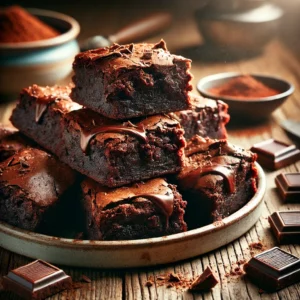 A plate of deep dish brownies on a rustic wooden table, featuring thick, fudgy brownies with a rich chocolate interior and a slightly crisp top. Some are cut open to reveal their gooey, dense texture, drizzled with melted chocolate and dusted with cocoa powder. Chocolate chunks and crumbs are scattered around, with soft natural lighting enhancing the deep, indulgent chocolate tones.