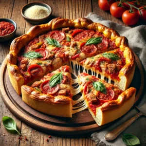 A beautifully plated Deep Dish Pizza Pie served on a rustic wooden table. The pizza features a thick, golden, buttery crust filled with layers of rich tomato sauce, gooey melted cheese, and hearty toppings such as sausage, pepperoni, and bell peppers. Sliced to reveal the deep layers, garnished with fresh basil. Arranged on a wooden pizza board with a side of grated Parmesan cheese. The warm wooden table is more visible, providing a cozy and inviting setting.