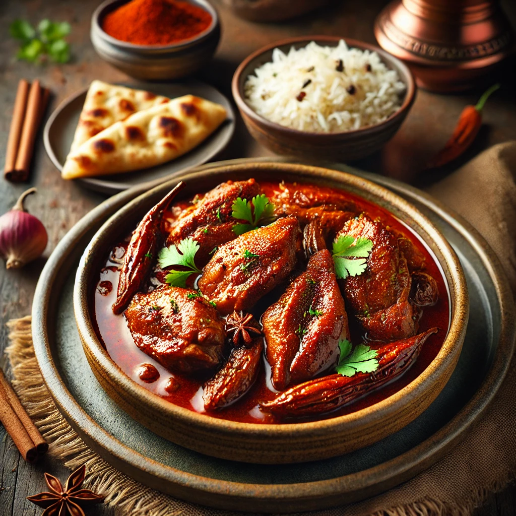 A beautifully plated dish of Duck Cooked in the Delhi Hunter’s Style, featuring tender, golden-brown duck pieces braised in a rich, aromatic sauce infused with cinnamon, cardamom, and nutmeg. The dish has deep red and brown hues from the blend of paprika, coriander, and garam masala. Garnished with fresh coriander and served in a rustic ceramic bowl. Accompanied by a side of fragrant basmati rice and warm naan, the bowl rests on a wooden table, with soft, warm lighting enhancing the inviting and flavorful presentation.
