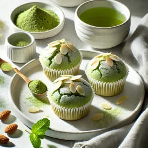 An elegant and delicate presentation of Matcha Almond Muffins served on a white ceramic plate. The muffins are light green from the matcha powder, topped with slivered almonds and a light dusting of powdered sugar. The setup includes a small bowl of matcha powder, a cup of green tea, and a sprig of mint on a minimalist tablecloth, illuminated by bright natural light to emphasize their refreshing and sophisticated appeal, perfect for a tea time treat.