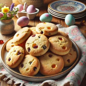 A batch of freshly baked Easter Biscuits with a golden, slightly crisp exterior and a soft, buttery texture inside. The round biscuits are lightly dusted with sugar and have visible dried cranberries and mixed peel. They are arranged on a decorative plate atop a rustic wooden table, accompanied by pastel Easter-themed elements such as a linen napkin, small spring flowers, and painted eggs. Warm, natural lighting enhances the cozy, homemade feel.