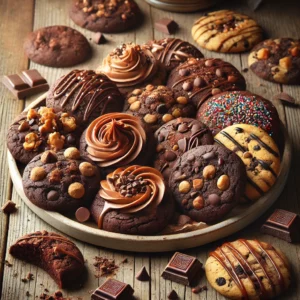 A plate of custom-designed chocolate cookies on a rustic wooden table, featuring rich, dark cookies with various creative toppings such as chocolate chips, nuts, caramel drizzle, and colorful sprinkles. Some cookies have a swirl of frosting, while others showcase intricate chocolate decorations. A few cookies are broken open to reveal their gooey, chocolate-filled interior, with scattered cookie crumbs, chocolate pieces, and toppings adding to the homemade charm. Soft natural lighting enhances the warm, inviting tones.
