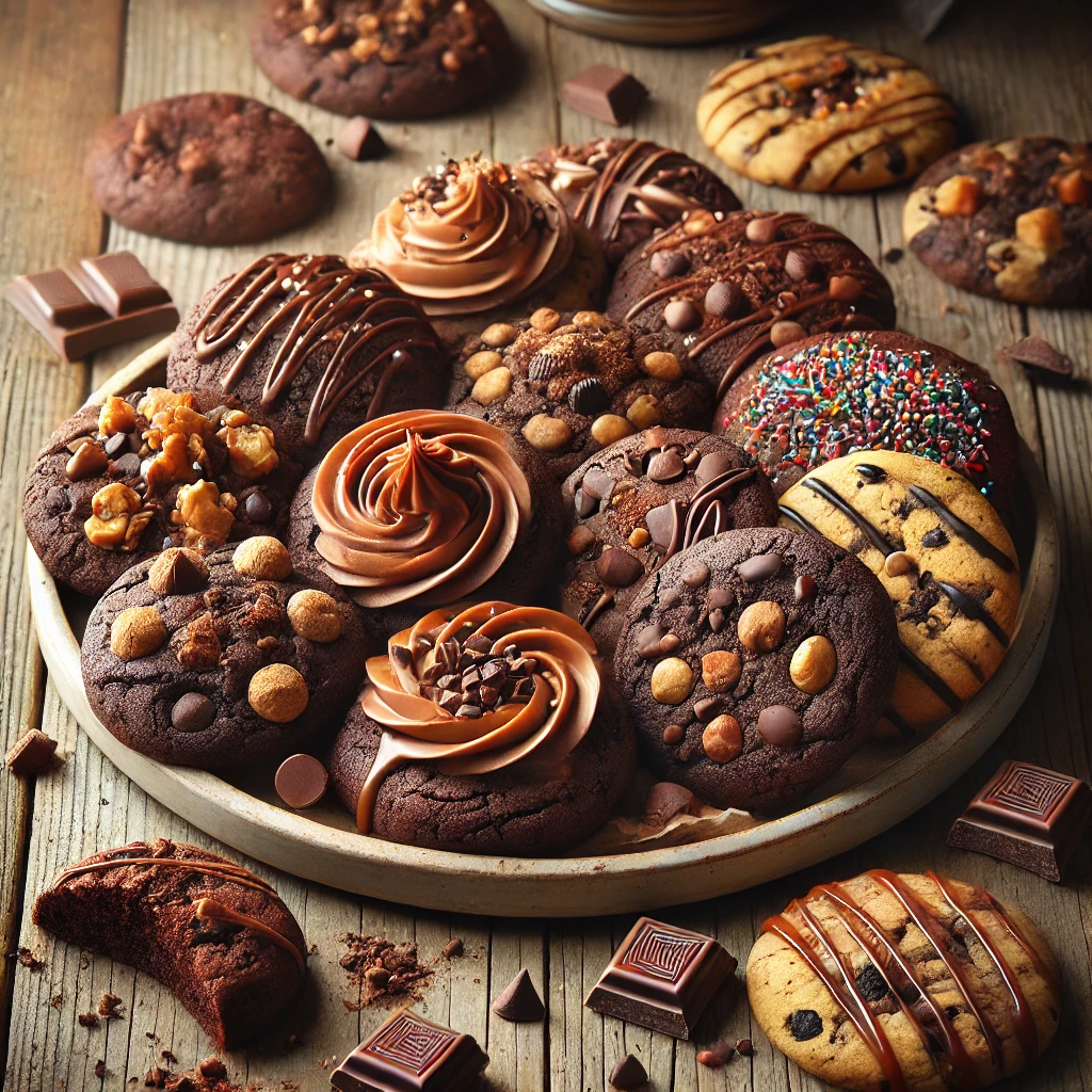 A plate of custom-designed chocolate cookies on a rustic wooden table, featuring rich, dark cookies with various creative toppings such as chocolate chips, nuts, caramel drizzle, and colorful sprinkles. Some cookies have a swirl of frosting, while others showcase intricate chocolate decorations. A few cookies are broken open to reveal their gooey, chocolate-filled interior, with scattered cookie crumbs, chocolate pieces, and toppings adding to the homemade charm. Soft natural lighting enhances the warm, inviting tones.