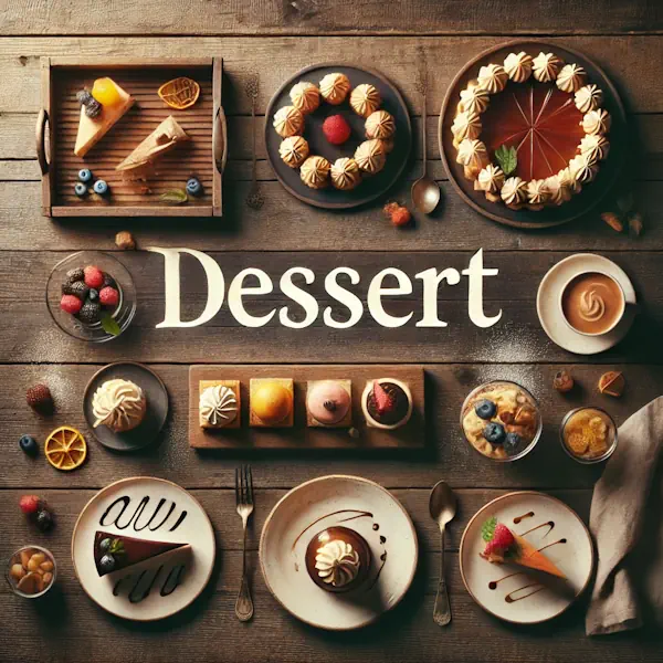 A rustic flat lay of desserts on a medium-dark wooden table with horizontal planks. The scene includes cakes, tarts, mousses, and layered parfaits, garnished with berries, mint leaves, and powdered sugar. At the top, the word 'DESSERT' is written in large cream-colored serif letters, centered and clearly visible.