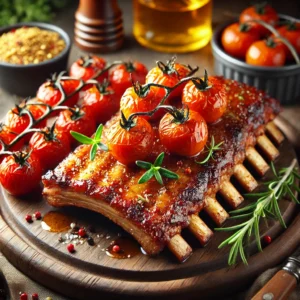 Golden-brown Dijon ribs glazed with a mustard and wine sauce, paired with roasted cherry tomatoes seasoned with rosemary. The dish is served on a rustic wooden board, garnished with fresh herbs, with warm natural lighting highlighting the rich textures and vibrant colors.