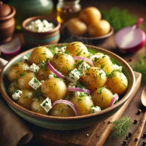 Tender baby potatoes tossed in a light, herby dill dressing with crumbled feta cheese and thinly sliced red onions, garnished with fresh dill and black pepper.