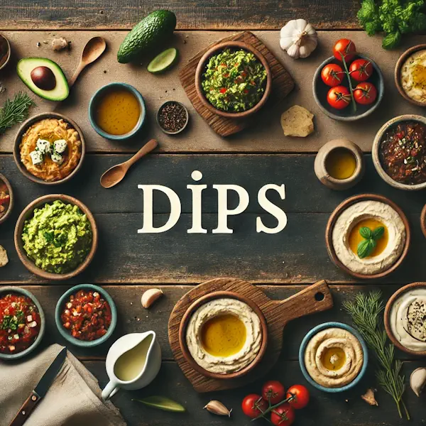 A rustic flat lay of dips on a medium-dark wooden table with horizontal planks. The bowls include guacamole, hummus, salsa, and cheese dip, surrounded by simple garnishes like herbs, olive oil, and chopped vegetables. At the top, the word 'DIPS' is written in large cream-colored serif letters, centered and clearly visible.